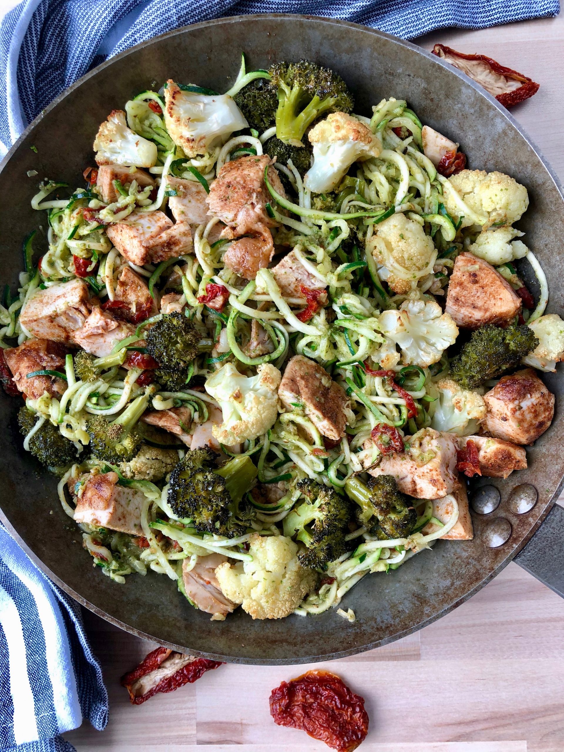 Ljuvlig zucchinipasta med kyckling, pesto och soltorkade tomater. Snabbt, enkelt och gott!