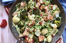 Zucchinipasta med kyckling, pesto och soltorkade tomater redo att avnjutas direkt från pannan