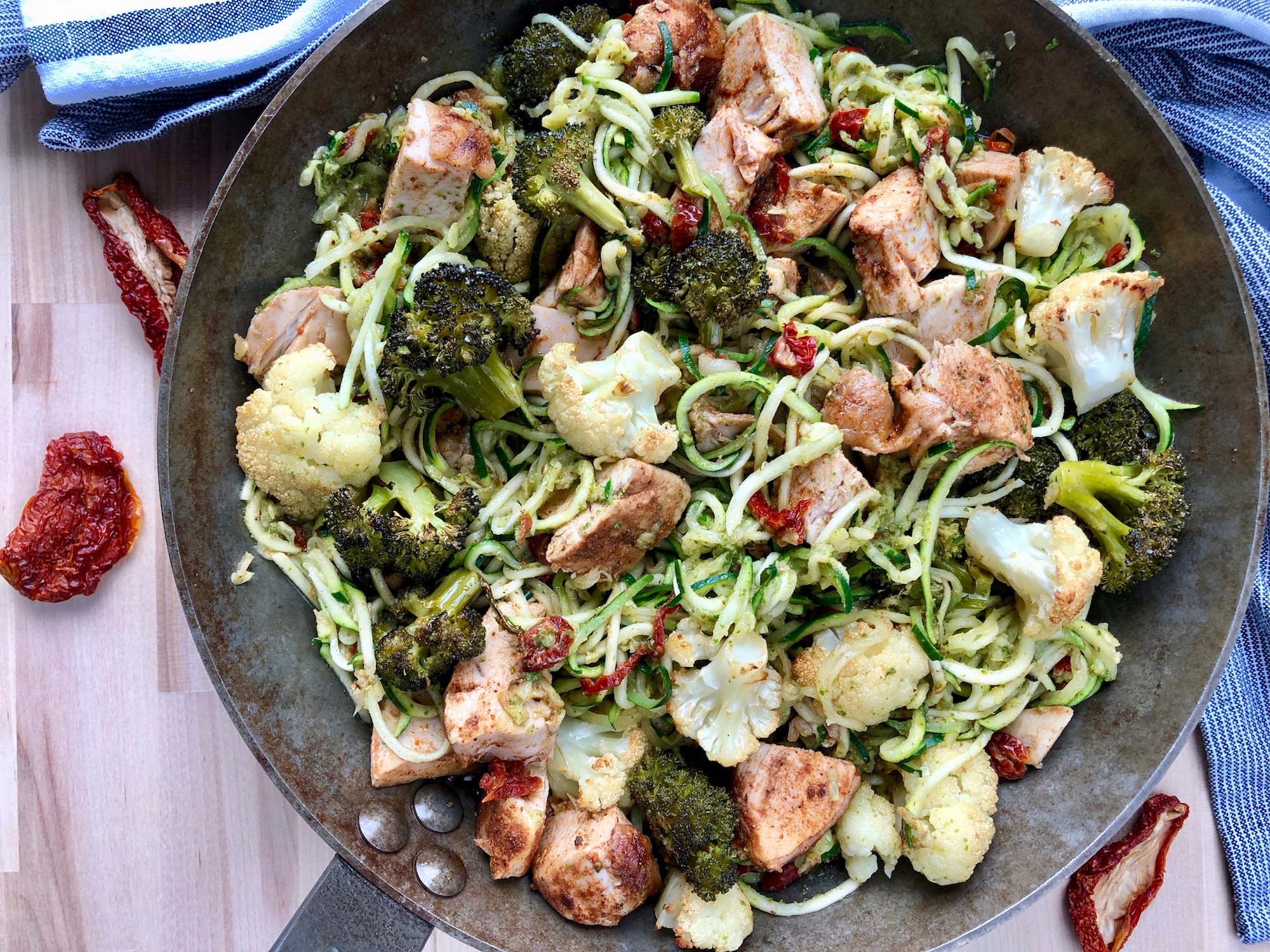 Zucchinipasta med kyckling, pesto och soltorkade tomater redo att avnjutas direkt från pannan